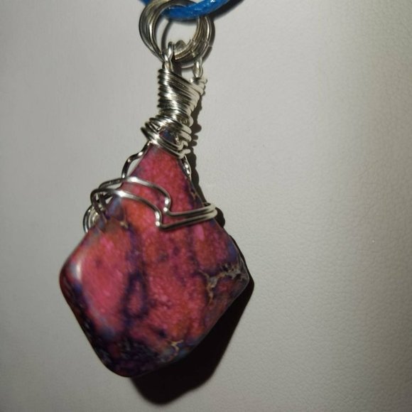 Artisan Wire Wrapped Silver Necklace with Pink and Purple Stone on Blue Cord wit - Picture 5 of 7